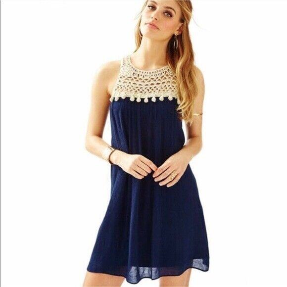 Lilly Pulitzer Rachelle Navy Gold Crochet Pom‎ Pom Shift Dress Women XS - Picture 1 of 10